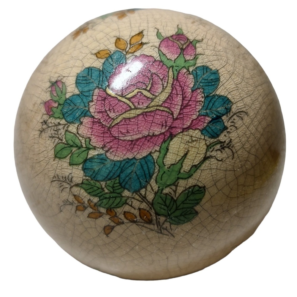 Vintage Chinese Crackle Porcelain Ball‎ Pink Yellow Roses Flower Gold Gilt SEE